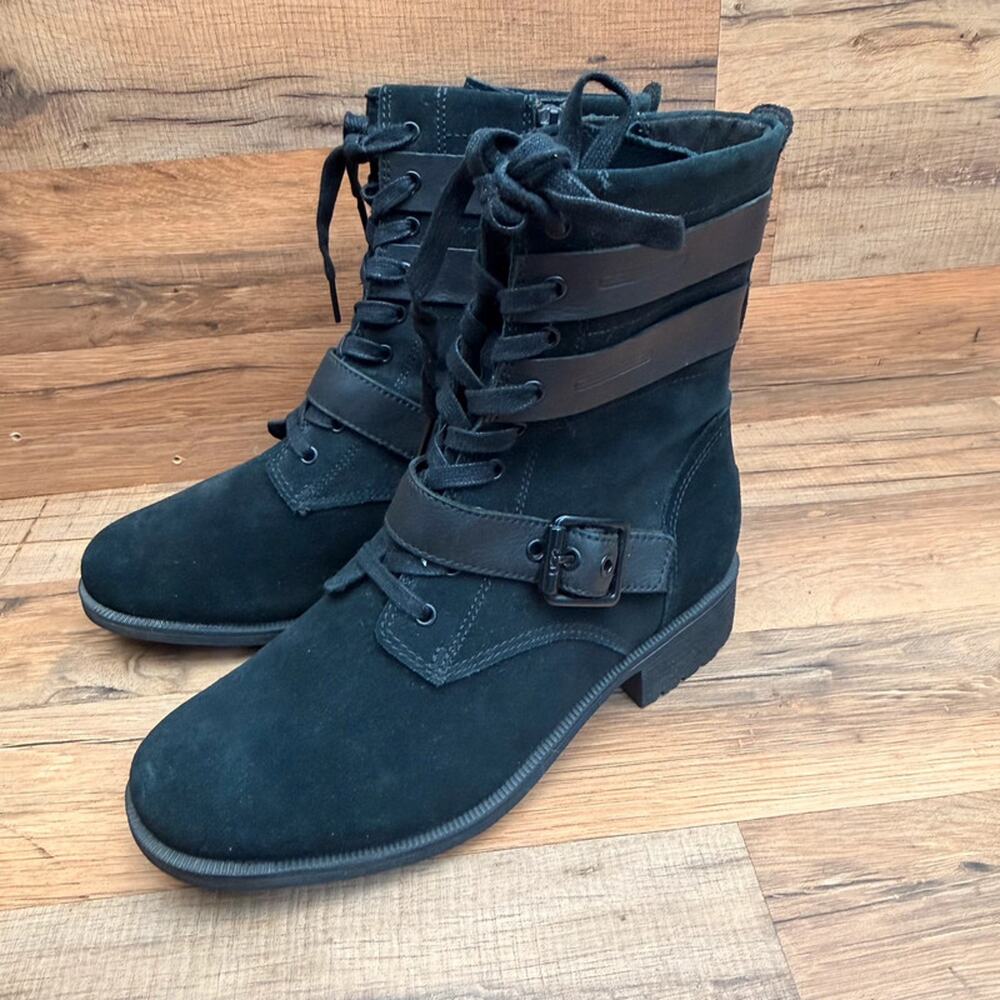 UGG Zia Boots Womens 9 Black Suede Combat Mid-Calf Zip Buckle Ankle Block Heel